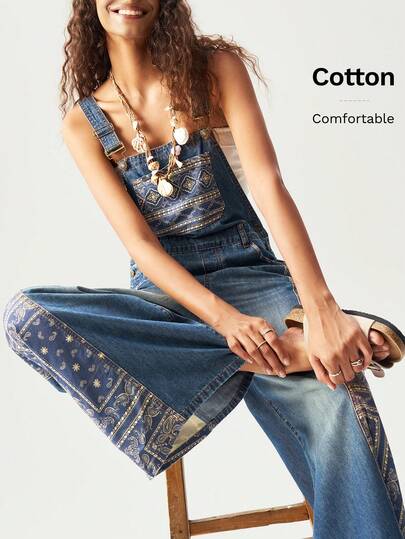 Bohemela Casual Woven Patchwork Wide-Leg Bib Pants For Women