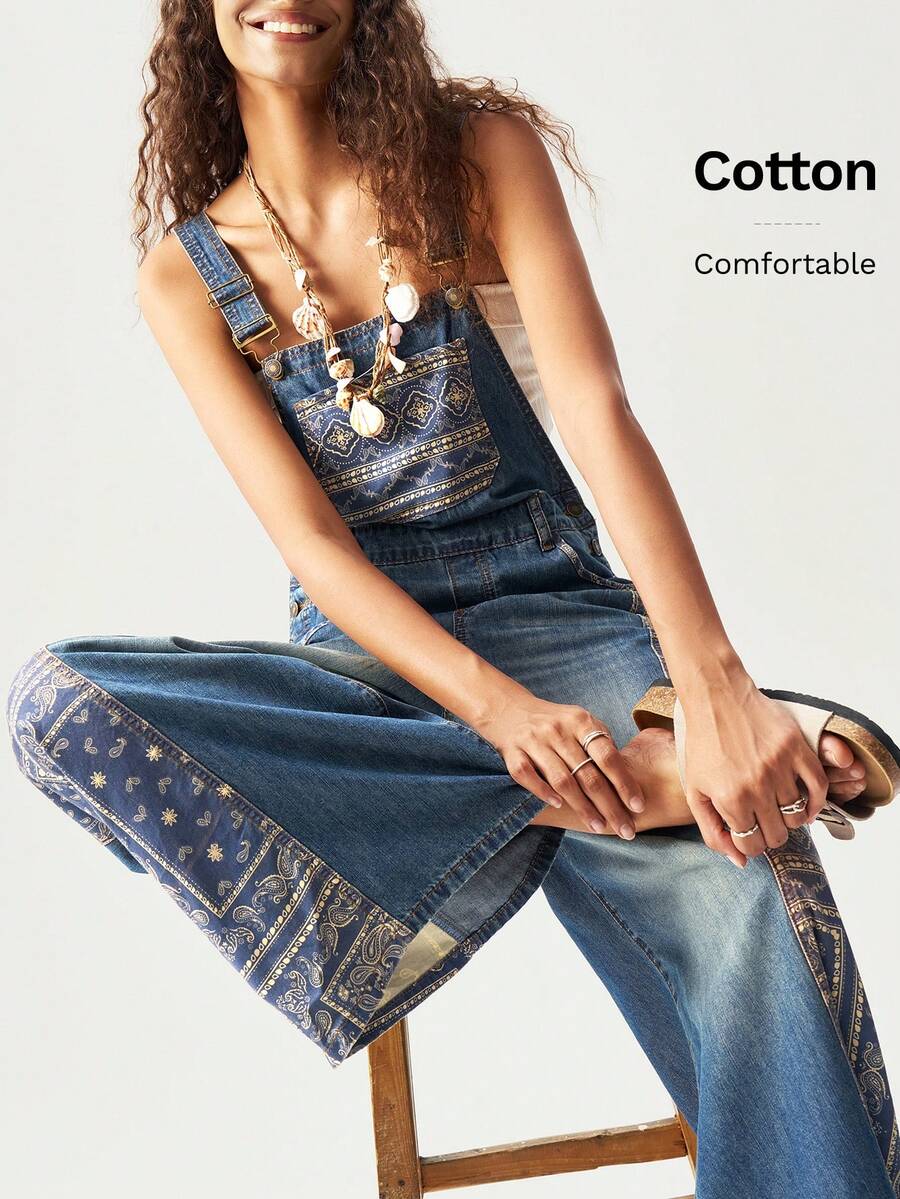 Bohemela Quần yếm ống rộng dệt chắp vá giản dị dành cho nữ - Rửa trung bình - Xem 1