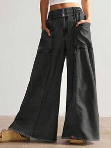 Bohemela Women's Casual Solid Color Woven Loose Wide Leg Pants - Black - View 3