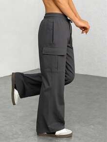 Pantalón casual negro con rayas laterales, simple y de moda para uso diario - Gris Oscuro - Ver 4