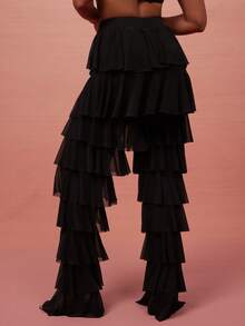 Vixey Black Mesh Elastic Waistband Tiered Ruffle Pants - Black - View 4