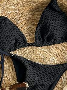 Swim Mod Women's Textured Beaded Halter Bikini Set, Spring/Summer - Black - View 4