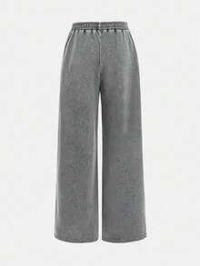SHEIN Conjunto de camiseta de cuello redondo de manga corta ajustada y pantalones holgados de pierna ancha de punto para niña preadolescente - Gris - Ver 8