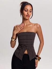 SHEIN BAE 春夏女式休闲度假街头风无肩带条纹叠层下摆开衩抹胸上衣，开衩下摆设计，完美适合休闲外出、日常穿着、休闲装扮和户外活动。Y2K风格上衣，条纹上衣，姐妹街头风。 - 棕色 - 查看 3