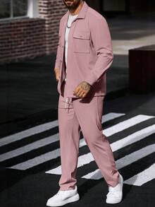 Manfinity Homme 2 piezas Conjunto de camisa de trabajo de pana para hombres Conjunto casual de dos piezas para hombres Conjunto de traje de ocio de 2 piezas para hombres Conjunto de chándal de 2 piezas para hombres - Rosa - Ver 6