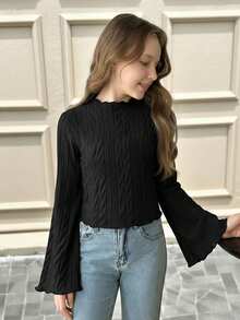 SHEIN Serisse Kids 少女休闲优雅纯色针织荷叶边领喇叭袖T恤上衣，适合返校和日常穿着 - 黑色 - 查看 3