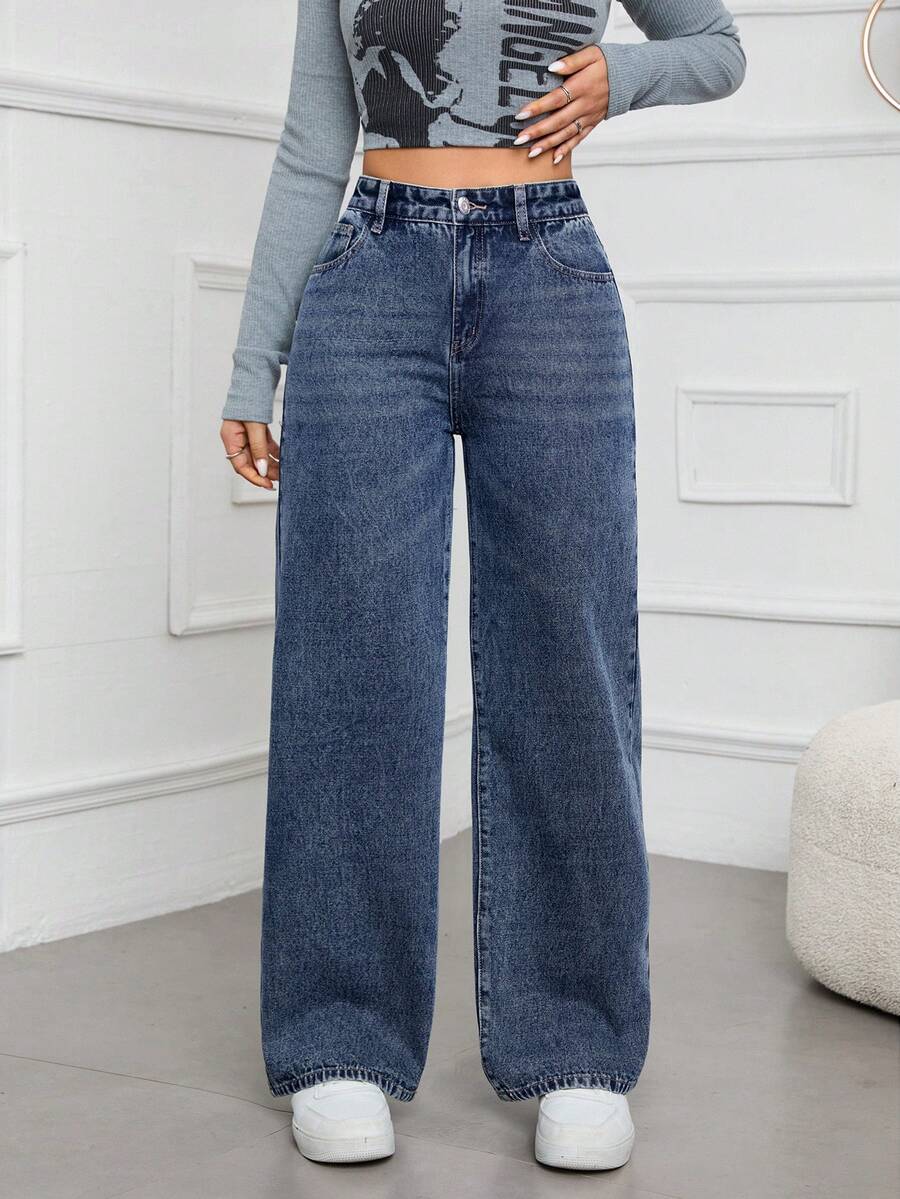 SHEIN ICON Women's Solid Color Casual Denim Jeans - Blue - View 1