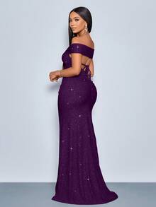 SOLERSUN 适合圣诞派对度假和约会优雅的勃艮第酒红色优雅扭曲露肩露背肩带高开叉美人鱼连衣裙，带有金属光泽的长款女装 - 紫色 - 查看 4