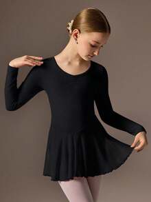 SHEIN Tween Girls Long Sleeve Pink Ballet Dance Dress, Round Neck With Ruched Bust Design, Cute Bow Back Design, Soft & Lightweight Mesh Skirt With Snap Crotch, High Stretch & Skin-Friendly, Suitable For Dance, Yoga & Activewear - Black - View 6