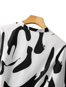 SHEIN PETITE CURVE Blusa elegante de manga larga con cuello alto, pliegues y corte delantero para mujer de talla pequeña y grande con estampado floral geométrico irregular, para uso casual, trabajo, citas y fiestas - Multicolor - Ver 6