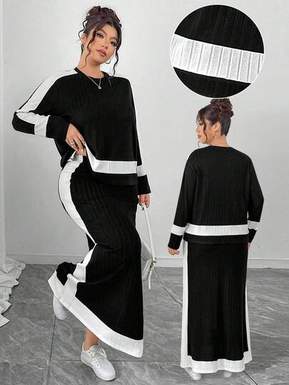 Elenzga プラスサイズ ブラック&ホワイト ミニマリスト アシンメトリー カラーブロック クルーネック 長袖 ルーズTシャツ + アシンメトリー カラーブロック ストレートレッグ ロングスカート 2点セット、お出かけ、パーティー、デート、通勤、カジュアルウェアにエレガント
