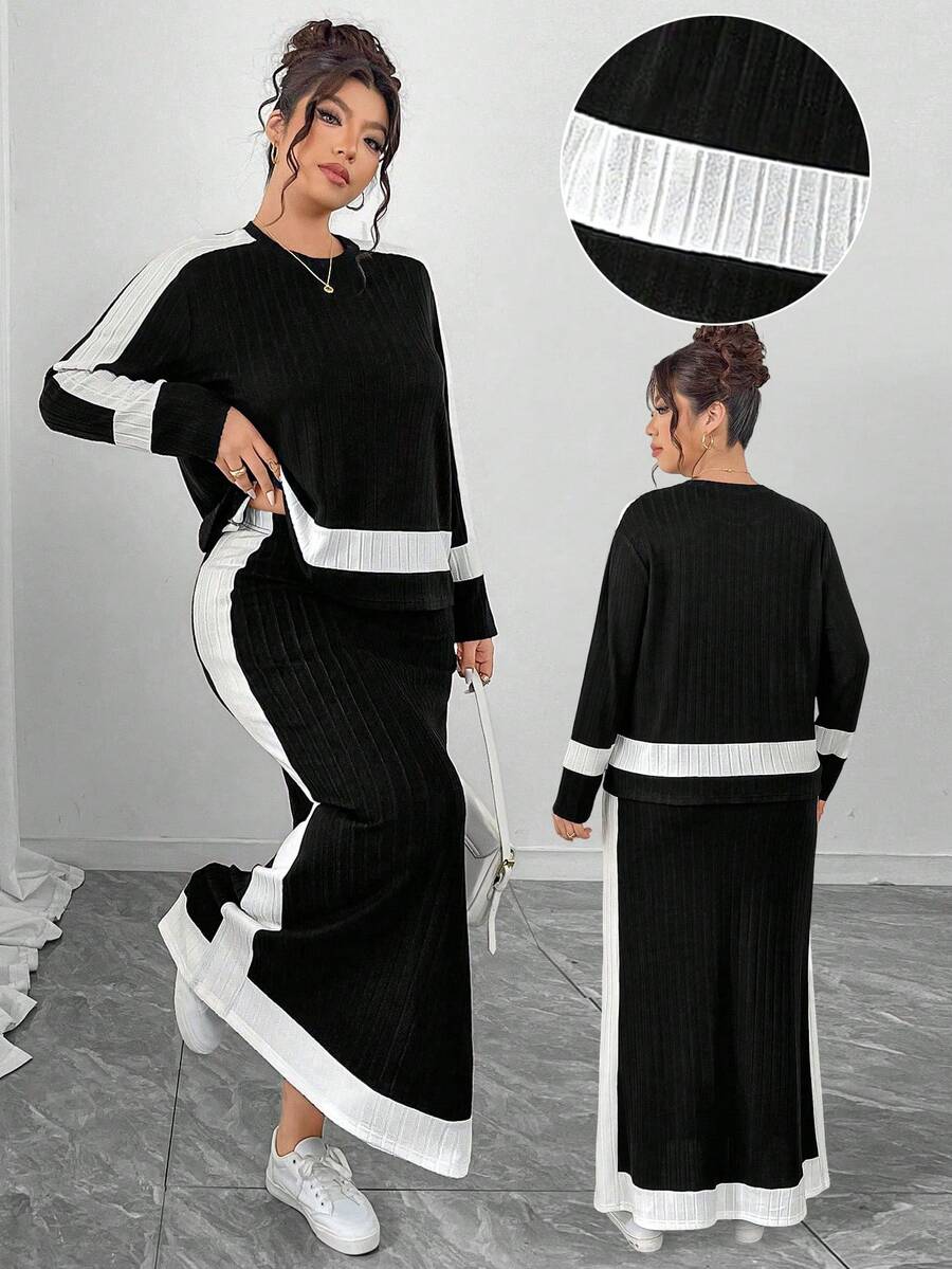 Elenzga Áo thun tay dài cổ tròn họa tiết khối màu cỡ lớn + Đầm maxi dáng đứng họa tiết khối màu cỡ lớn 2 món, thanh lịch cho đi chơi, dự tiệc, hẹn hò, đi làm, thường ngày - Đen và trắng - Xem 1