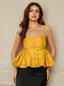 BELROSIE Women's Sleeveless Top With Floral Jacquard Pattern, Cute & Sweet Girly Style, Pearl Button Decor, Ruffle Hem - Yellow - View 5
