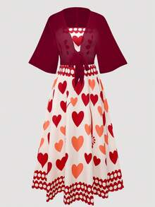 Franclia Conjunto de vestido de gasa con estampado floral diminuto y cárdigan elegante para mujer talla grande, para verano - Burdeos - Ver 4