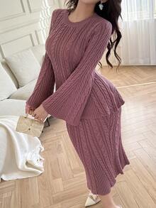 Modelyn Conjunto de 2 piezas de suéter de manga de campana de unicolor casual y falda de punto para mujer, otoño/invierno - Rosa - Ver 3