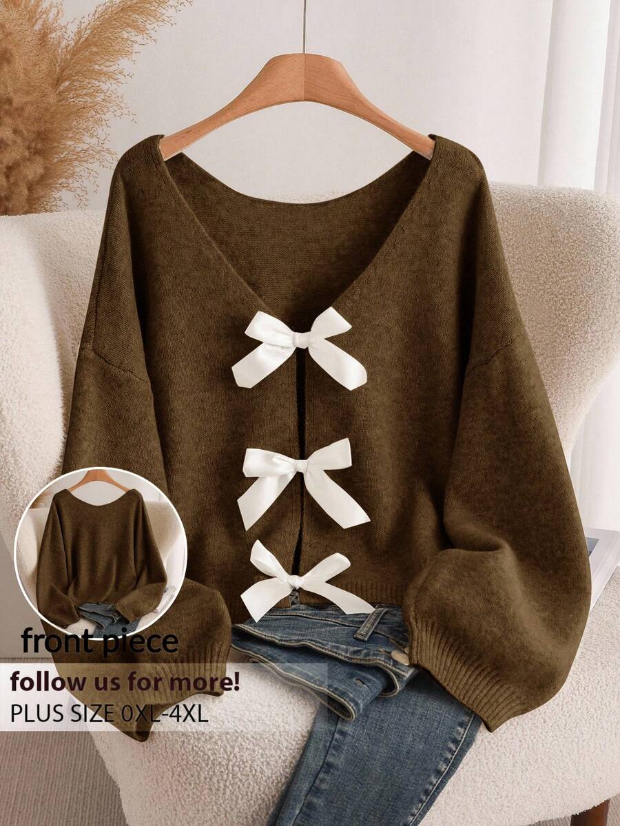 CosyJoli 女式加大码蝴蝶结针织毛衣，时尚舒适百搭套头衫，适合秋冬季 - 棕色 - 查看 1