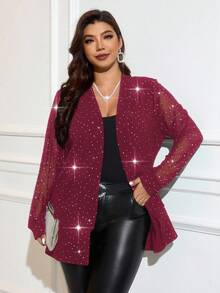 SHEIN Clasi Áo khoác cardigan đính sequin thời trang cỡ lớn dành cho nữ, thích hợp dự tiệc. - Màu Đỏ Sâu - Xem 6