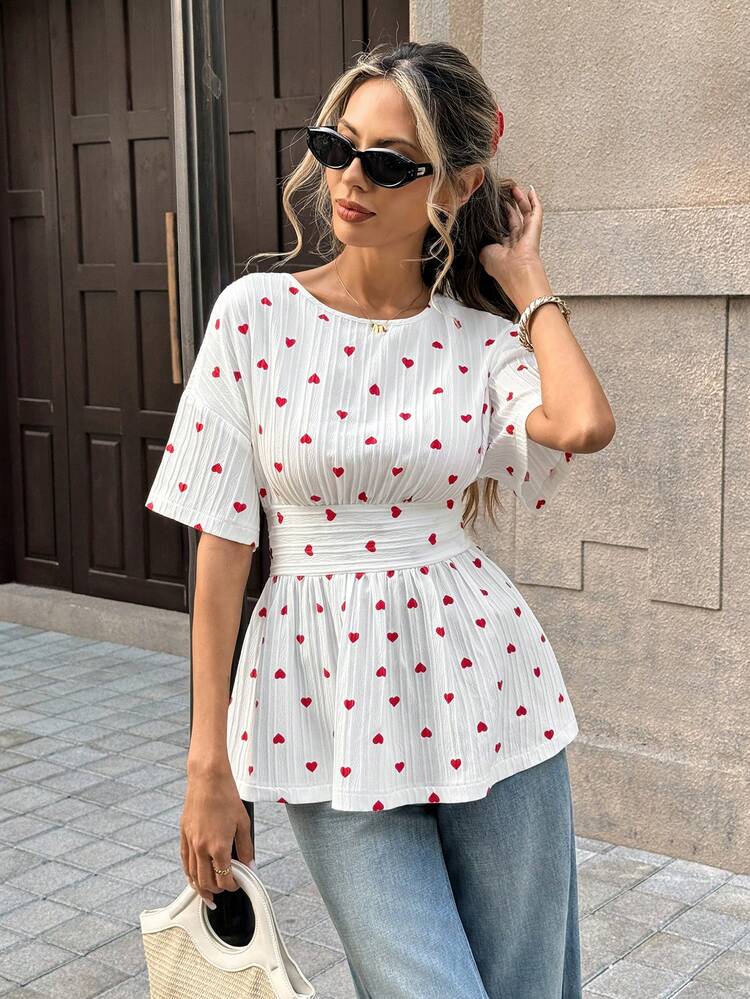 Pariaura Women's Red Heart Pattern Back Tie Waist Shirt, Valentine's Day Shirt, Holiday Shirt Open Back Shirt Tie Back Top Blouse Summer Heart Print Top - White - View 5