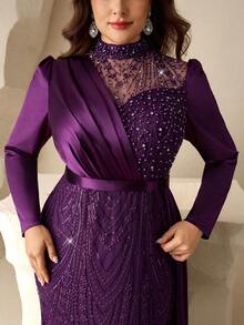 Coutiva Plus Size Elegant Long Sleeve Embroidered Patchwork Satin Hem Mermaid Skirt With Side Draping Design Suitable For Wedding Mother Of The Bride Evening Dress, Wedding Guest Dress, Formal Dinner Dress Valentines Dress Elegant Dress Sequin Dress Floral Dress - Purple - View 7