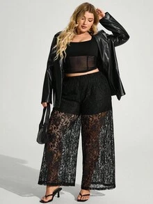Truni Ropa de otoño para mujer, pantalones anchos de encaje transparente elegantes y sexys de talla grande para invierno - Negro - Ver 5