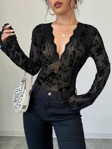 Firerie 女士优雅春夏新款简约印花植绒连体衣，适合日常通勤、情人节等场合，性感迷人。 - 黑色 - 查看 6