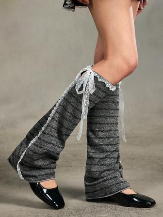 Kawaii 1 Coppia di Scaldamuscoli con Lacci a Fiocco a Righe Grigio Scuro in Stile Y2K Baddie, Maniche per le Gambe Minimaliste e alla Moda per Pendolari, Adatte per Uso Quotidiano, Scuola, Appuntamenti, Viaggi, Shopping e Altre Occasioni