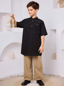 SHEIN Tween Boy Letter Patched Pocket Half Button Shirt & Drawstring Waist Pants Sets - Black - View 7