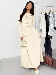 SHEIN Teen Girl Casual Minimalist Comfortable Long Sleeve Cinched Waist Mid-Length Dress - Apricot - View 5