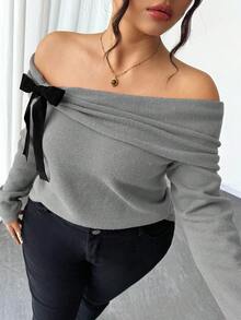 Elenzga Plus Size Women's Solid Color Knitted Off-Shoulder Bow Long Sleeve Pullover Sweater,Pink And Grey,Autumn,Elegant,Everyday Winter Grey Top - Grey - View 8
