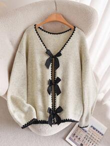 CosyJoli Plus Size V-Neck Contrast Trim Bow Decor Elegant Long Sleeve Cardigan/Winter Fall/Winter - Apricot - View 3