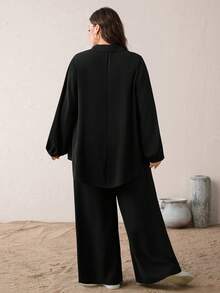 SHEIN Essnce Plus Size Casual Black Woven Fabric Pants Suit Set For Women Long Sleeve Tunic And Long Pants Co-Ord - Black - View 2