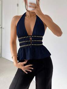 Siren Gaze Summer New Rivet Waist Design Halter Top For Women - Navy Blue - View 4