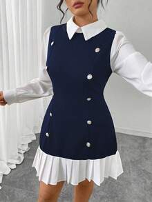 SHEIN Elenzya 大码女式黑白提花领长袖纽扣装饰褶裥短款修身优雅通勤T恤裙 - 藏蓝色 - 查看 6