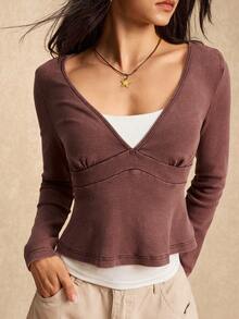 Easelle 女士棕色荷叶边下摆休闲长袖T恤 - 棕色 - 查看 6