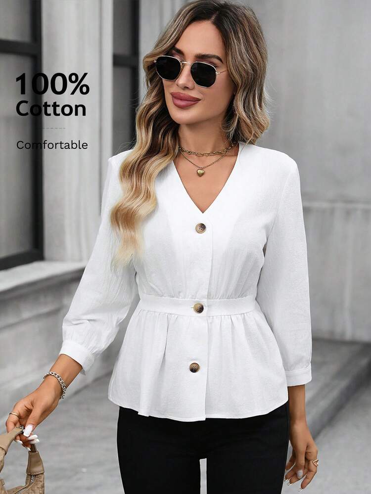 Women's Solid Color V-Neck Raglan Sleeve Cinched Waist Casual Pleated Shirt Peplum Tops For Women White Peplum Top Peplum Blouse Tops For Women Elegant Business Casual Tops Woman Casual Blouse For Women,White Shirt