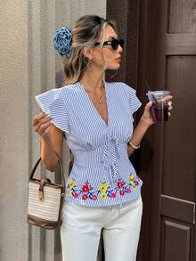 Chiquease Chic Blue And White Striped V Neck Top For Women With Ruffle Cap Sleeve And Floral Plant Pattern - Blue and White - View 8