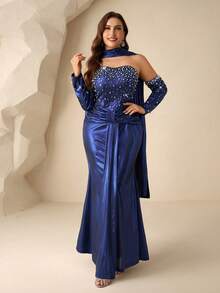 Coutiva Vestido de Festa de Gala de Mulheres Plus Size com Design de Fita e Decoração de Pérola Falsa, Vestido de Festa Formal com Elegância - Azul Royal - Visão 4