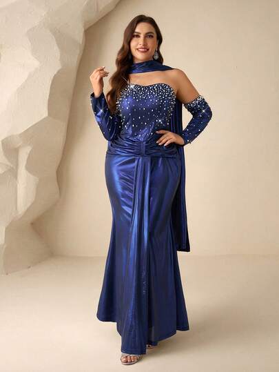 Coutiva 大码女式缎带设计仿珍珠装饰高端晚礼服，正式舞会礼服，尽显优雅气质