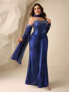 Coutiva Vestido de Festa de Gala de Mulheres Plus Size com Design de Fita e Decoração de Pérola Falsa, Vestido de Festa Formal com Elegância - Azul Royal - Visão 5