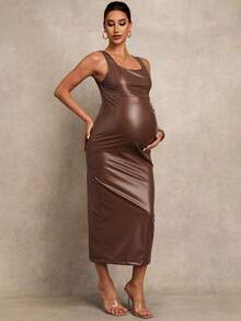 MaterniChic Maternity Solid Color PU Leather Square Neck Sleeveless Elegant Dress Summer Outfits  Elegant Dresses - Brown - View 5
