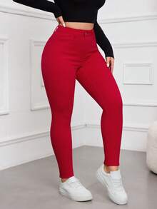 Rivivi Women's Solid Color Casual Denim Jeans - Red - View 4