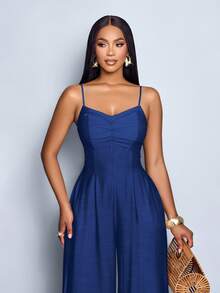 SOLERSUN Tuta da donna con scollo a cascata, colletto a cascata, allacciatura, schiena scoperta e gamba ampia, adatta per uso quotidiano e vacanze - Blu Navy - Visualizzare 6