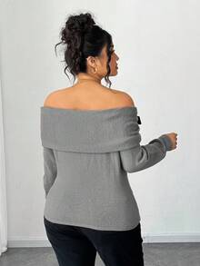 Elenzga Plus Size Women's Solid Color Knitted Off-Shoulder Bow Long Sleeve Pullover Sweater,Pink And Grey,Autumn,Elegant,Everyday Winter Grey Top - Grey - View 2