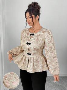 Elenzga 大码金线刺绣立领长袖衬衫，优雅休闲，适合外出、聚会、春节等场合。 - 淺粉色 - 查看 5