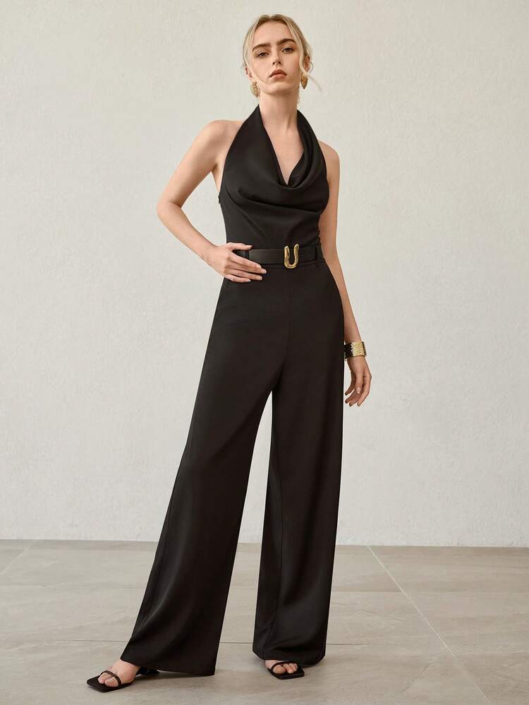 드레이프 네크 백리스 허리 신치드 점프수트, 우아하고 미니멀하며, 통근 및 일상복에 적합합니다