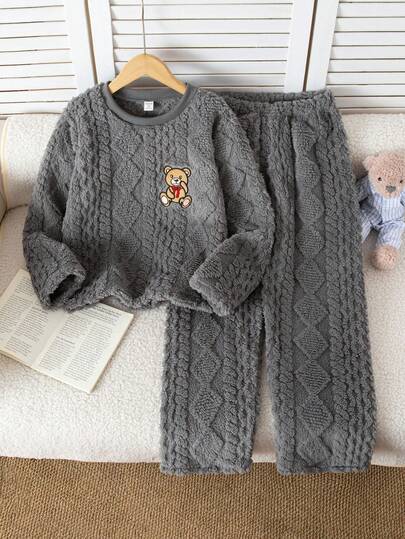 Girls Cute Bear Embroidered Jacquard Fleece Cozy Pajama Set