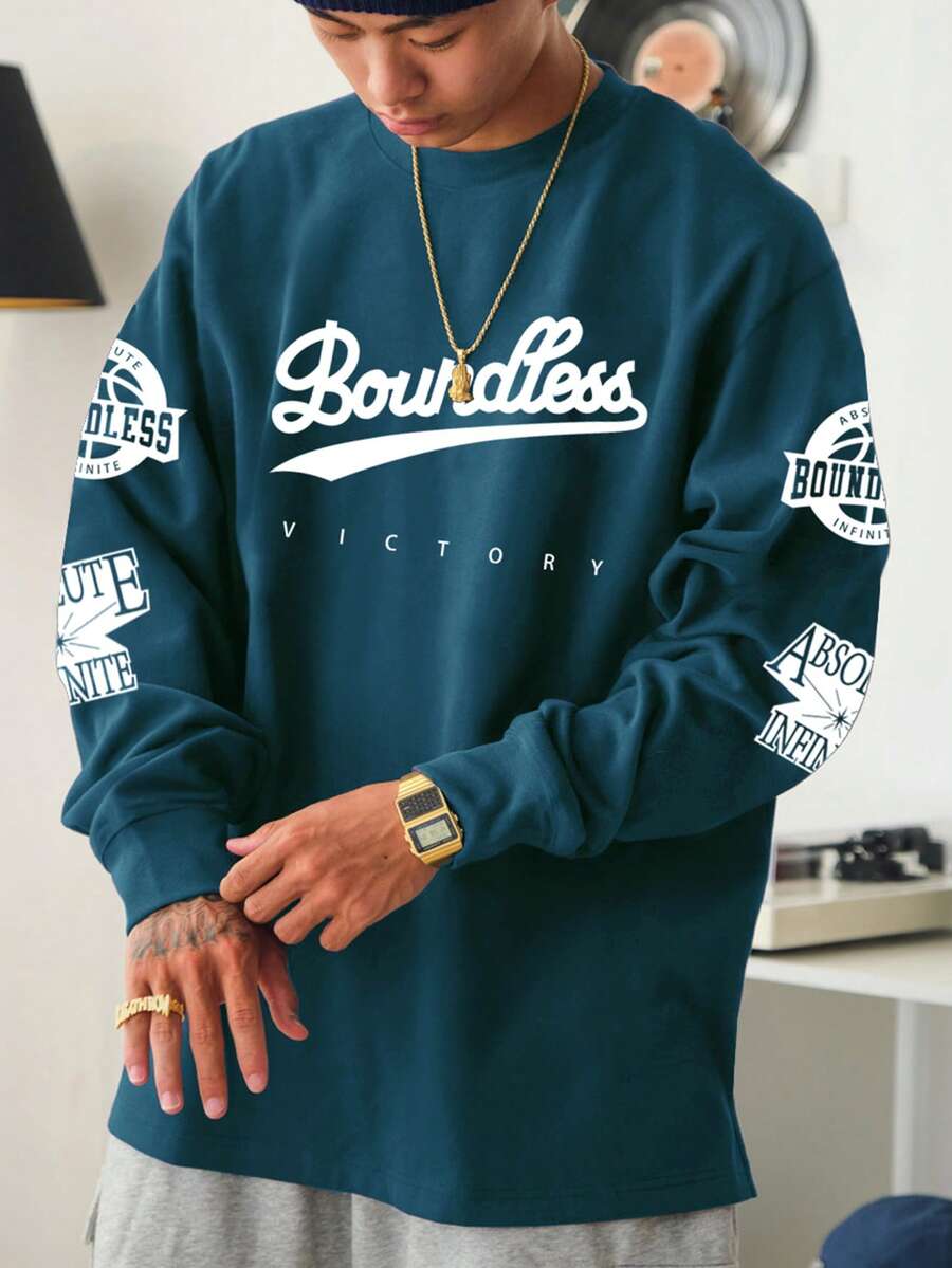 Manfinity Hypemode Loose Fit Men's Long Sleeve Crew Neck T-Shirt With Letter Print - Blue - View 1