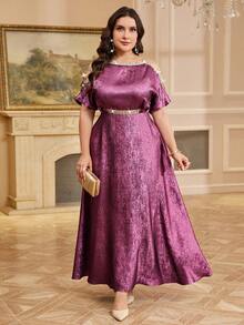 Reflora Plus Size Women's Elegant Dark Purple Satin Dress,Winter Formal Patchwork Ribbon Trim Hollow Out Design,Modest Party Wedding Guest Long Midi Dress - Purple - View 5