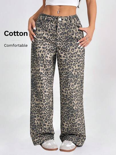 SHEIN PETITE 女士豹纹简约日常长裤