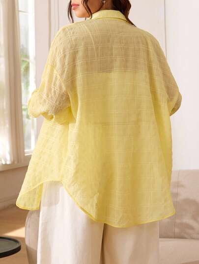 Solflare Camisa de manga larga de un solo pecho, corte holgado y caída de hombros, para mujer de talla grande, para primavera/verano